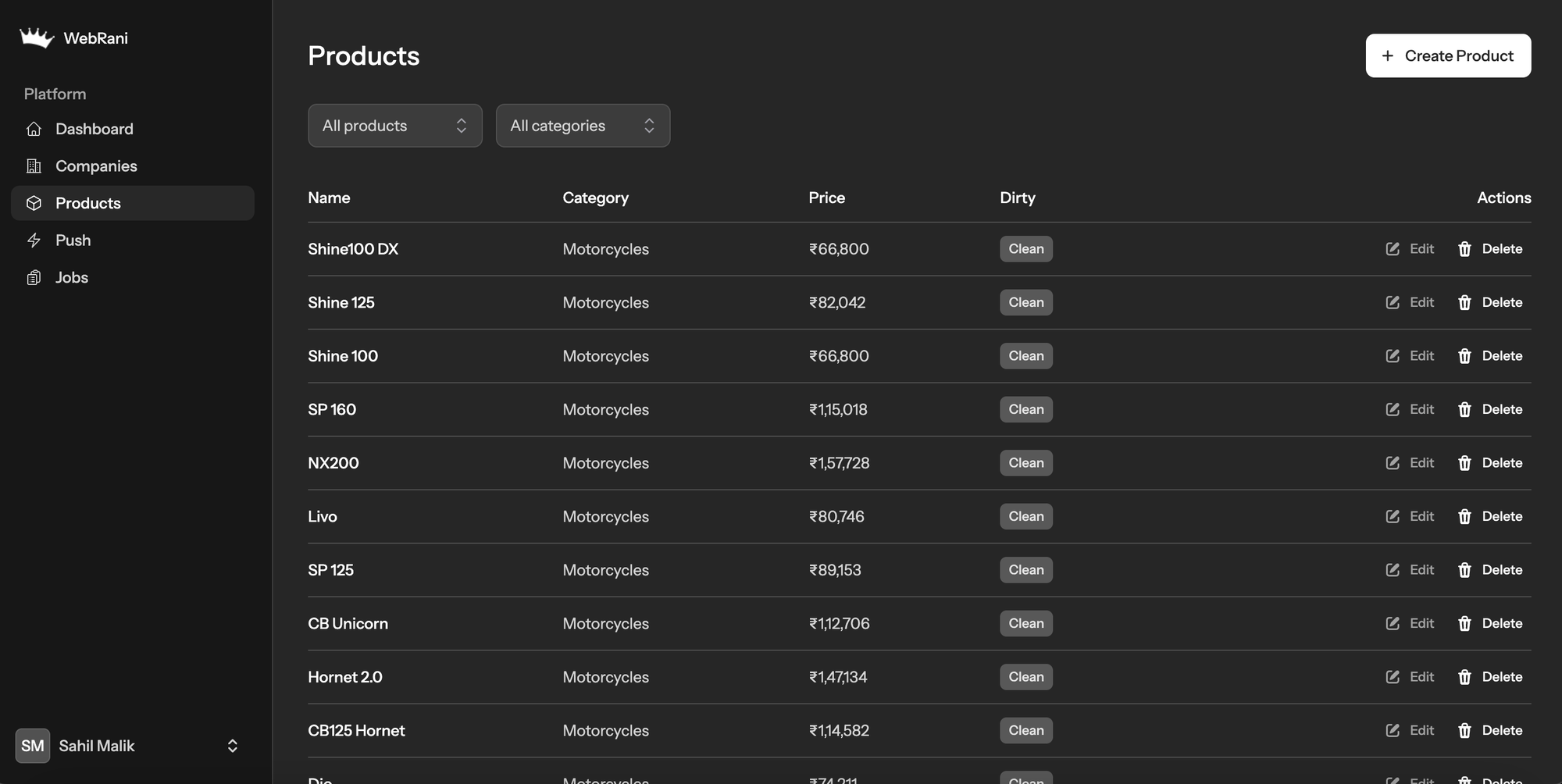 WebRani dashboard, products managed centrally across a dealer network